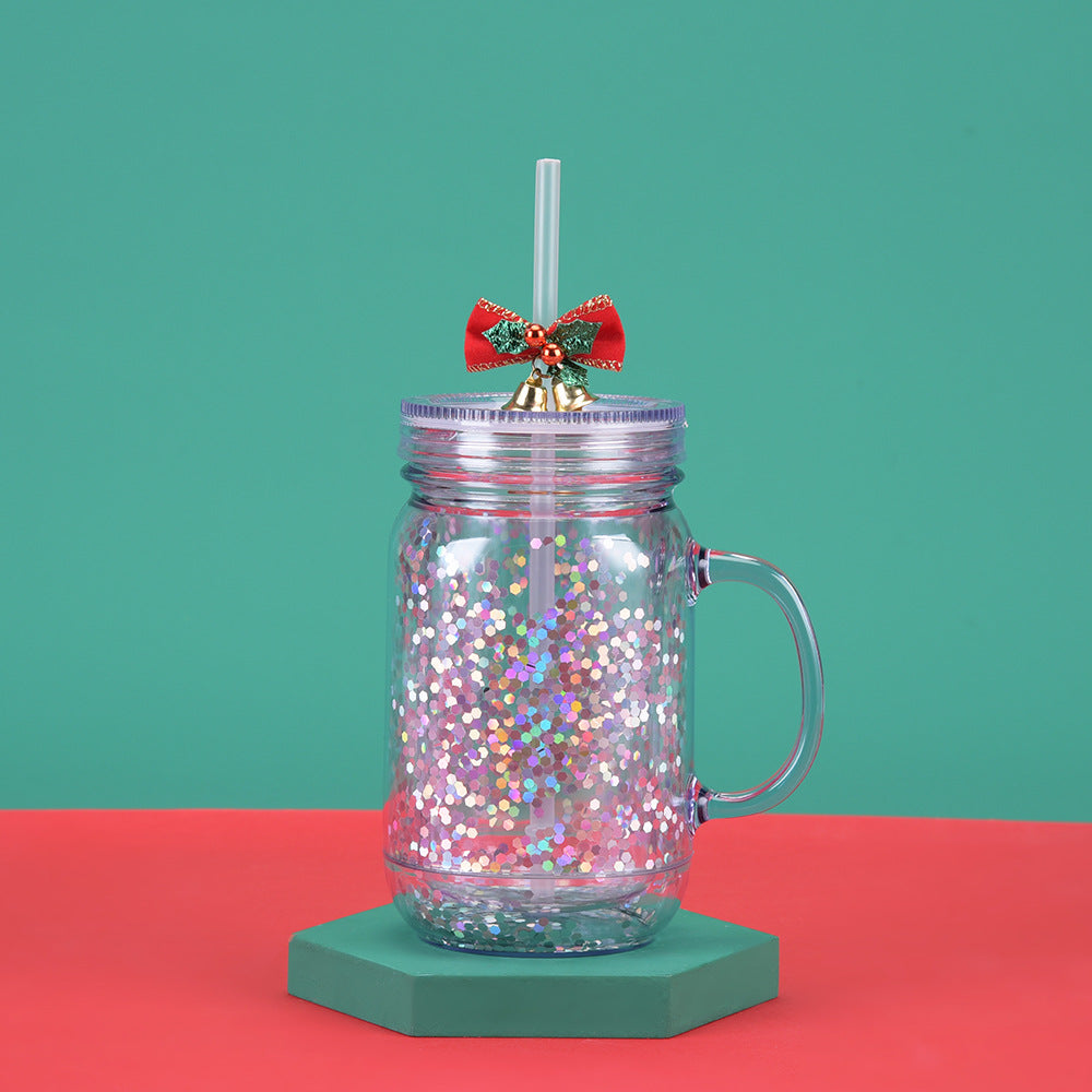 Wholesale  Glitter Plastic Canned Cup with Handle Double Layer Plastic Mason Cup